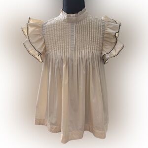 New TCEC Cream Ruffle Sleeve Black Trim Pintuck Women’s Top Sz Sm